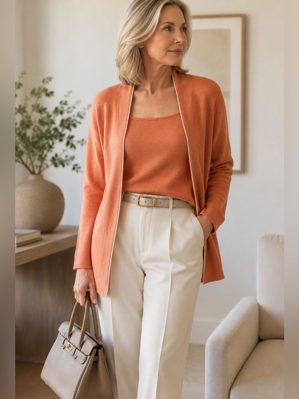 Sz S Belford for Saks Pima Cotton Orange Cardigan Attached Solid Shell Sweater
